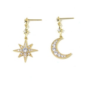 Diamond Star and Crescent Moon Dangle Drop Earrings in Solid 18k Gold/Milgrain Edging Ear Studs/Custom Fine Jewelry/Gift for Women and Girls
