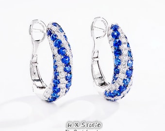 Diamond and Blue Sapphire Hoop Earrings, Solid 18k Gold, Genuine Diamond, Elegant Jewelry, Blue Gemstone, Gift for Her,Customization Jewelry