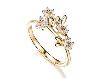 HX Jewelry Diamond Flower Ring/Flower Leaf Branch Statement Ring/Nature  Inspired Engagement Rings/Custom Fine Jewelry/Gift for Her