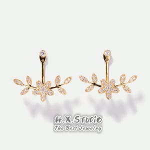 HX Jewelry | Two-ways Wear Flower Shape Diamond Ear Jacket in Solid 18k Gold, Diamond Ear Climbers, Custom Fine Jewelry, Gift For Her