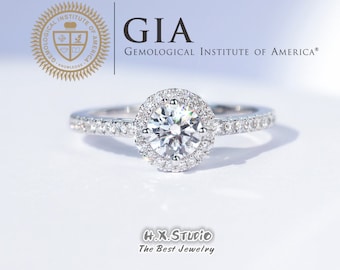 GIA Cert Round Halo Diamond Engagement Ring, 0.3ct-1ct, Elegant Design Diamond Ring in 18k Gold, Classic Wedding Ring, Love Gift for Her