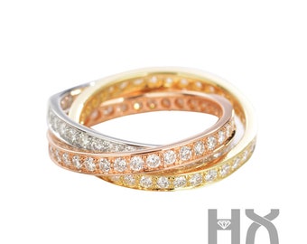 HX Jewelry | 1.50-1.80CTW Diamond Triple Band Interlocking Eternity Ring in Solid Three Tone Gold/Rolling Triple-Band/Custom Fine Jewelry