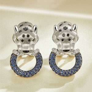 Black Diamond and Sapphire Panther Earrings in Solid 18k Gold/Gems and Diamond Panther Earrings/Custom Jewelry/Gift for Women Girls
