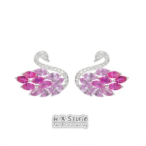 Swan Stud Earrings, Solid 18k Gold, Genuine Diamond, Red Ruby, Pink Sapphire Gemstones, Animal Jewelry, Gift for Her, Gift, Customization