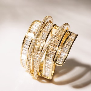 1.0CTW/2.0CTW Diamond Layered Band in Solid 18k Gold/Baguette Diamond Cocktail Ring/Custom Fine Jewelry/Gift for Women and Girls