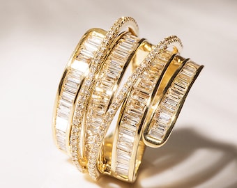 1.0CTW/2.0CTW Diamond Layered Band in Solid 18k Gold/Baguette Diamond Cocktail Ring/Custom Fine Jewelry/Gift for Women and Girls