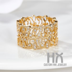HX Jewelry | Diamond Filigree Hollow Wide Ring in Solid 18K Gold/Custom Jewelry/Personalization Design/Gift for Women and Girls