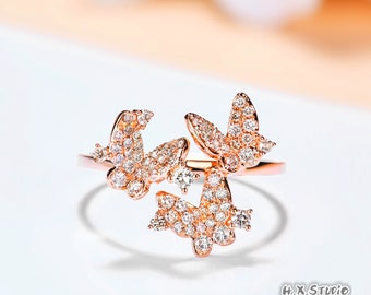 Diamond Butterfly Ring in Solid 18k Gold/Butterflies Statement Ring/Custom Fine Jewelry/Personalization Design/Gift for Women and Girls