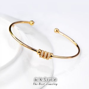 Diamond Cuff Bangle with Rolling Charms in Solid 18k Gold/Moving Charm Wrap Cuff Bracelet/Custom Fine Jewelry/Gift for Women and Girls