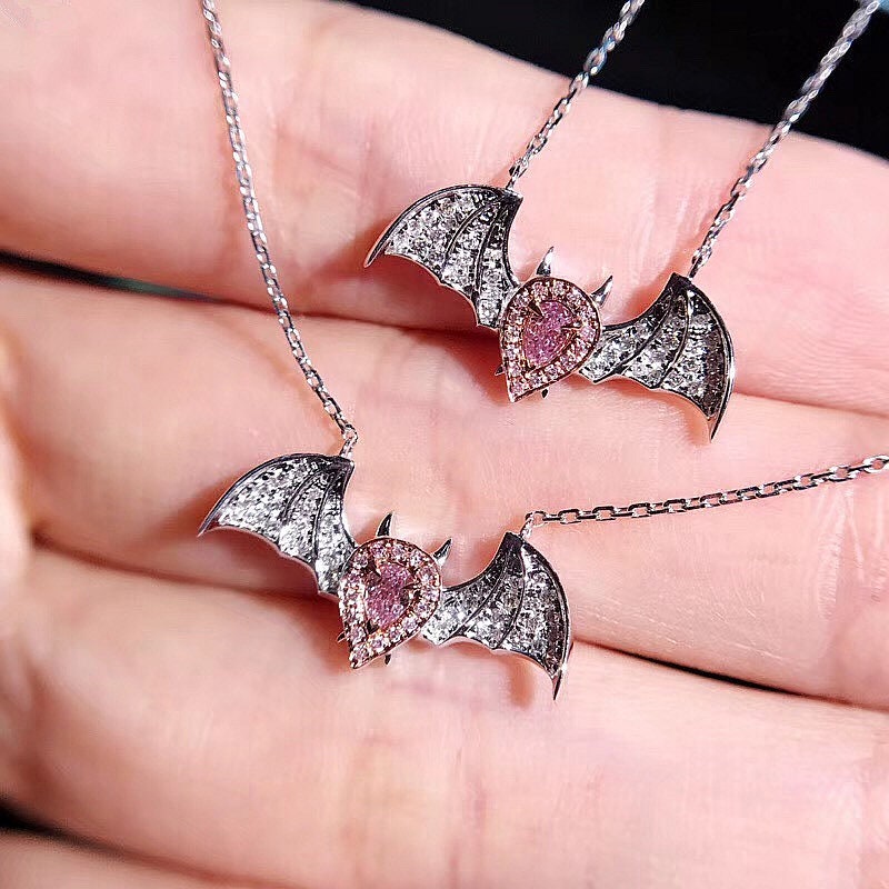 Pink Diamond Bat Pendant Necklace in 