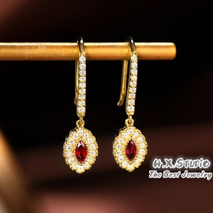 Robijn en Diamant Bungelen Oorbellen, Massief 18k Goud, Echte Diamant, Robijn Steen, Oorhaak, Cadeau voor haar, Vakantie Cadeau, Customization Sieraden