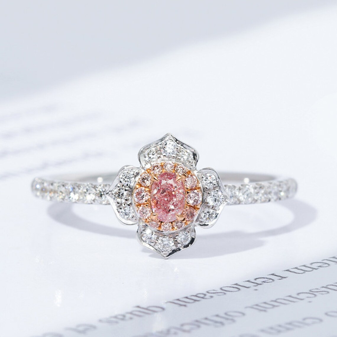 Pink Diamond Flower Shape Engagement Wedding Ring in Solid 18K Etsy