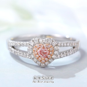 Pink Diamond Heart Shape Halo Double Band Engagement Ring in Solid 18k Gold/Custom Jewelry/Personalization Design/Gift for Women and Girls