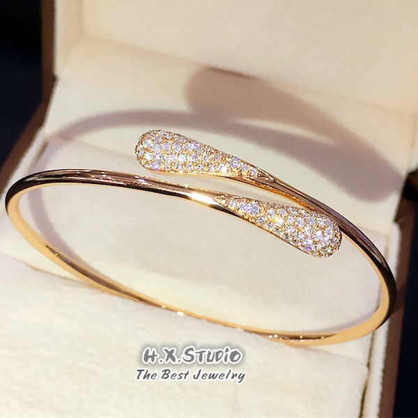 Diamond Wrap Cuff Bangle in Solid 18K Gold/Custom Fine Jewelry/Personalization Design/Gift for Women and Girls
