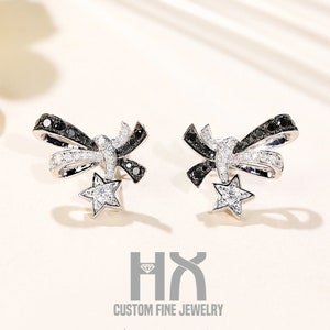 Black and White Diamond Bow Tie Stud Earrings in Solid 18k Gold, Gift Idea, Gift for Anniversary, Gift for Girls and Women
