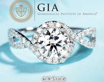 GIA Cert Round Halo Diamond Engagement Ring, 0.3ct-1ct, Elegant Design Diamond Ring in 18k Gold, Classic Wedding Ring, Love Gift for Her