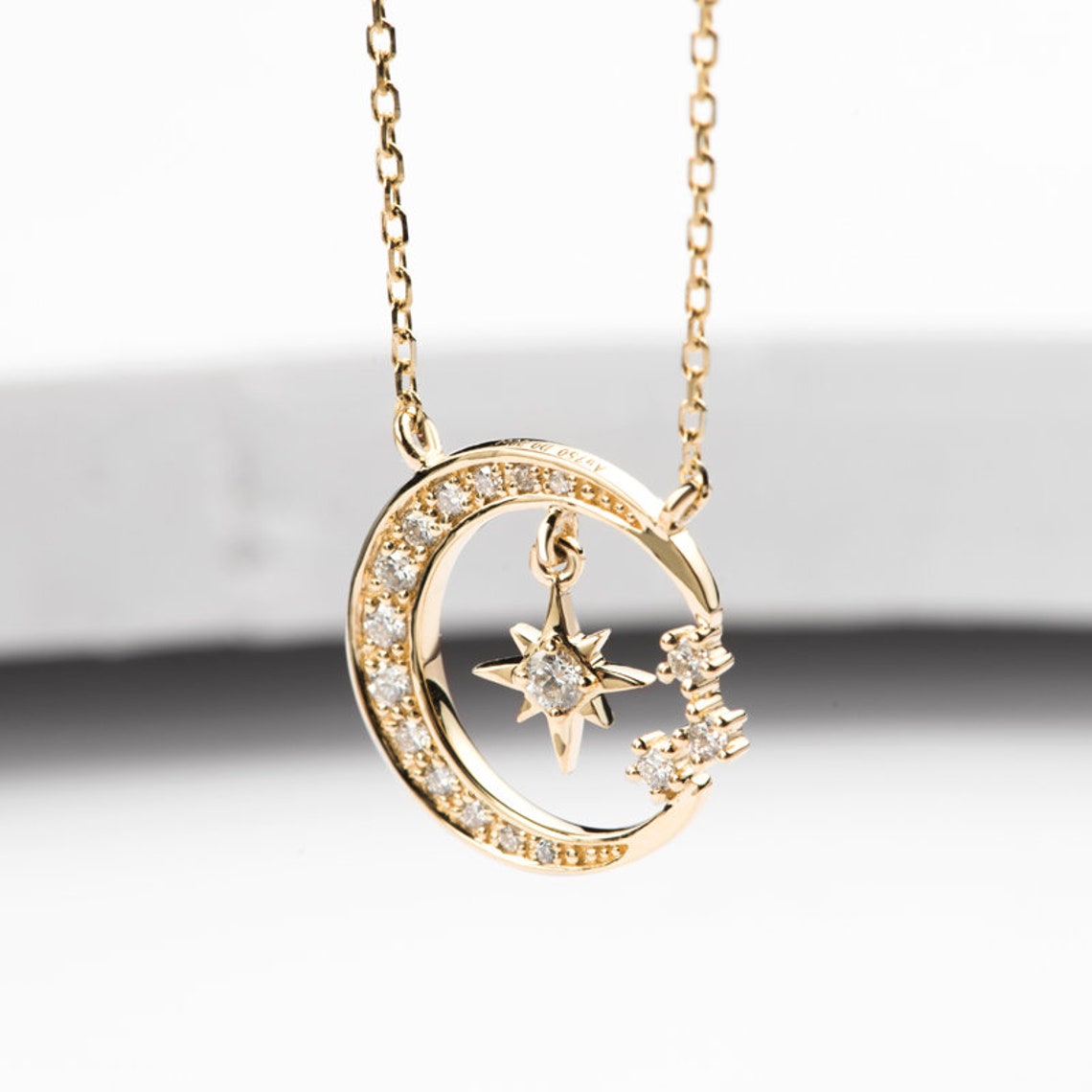 Diamond Crescent Moon and Star Pendant Necklace in Solid 18K Gold ...