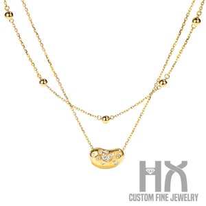 Diamond Lucky Bean Pendant Double Strand Necklace in Solid 18k Gold/Custom Fine Jewelry/Personalization Design/Gift for Women and Girls