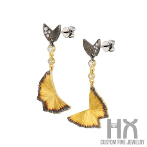 HX Jewelry | Diamond Butterfly Dangle Earrings in Solid 18k Two Tone Gold/Modern Jewelry/Custom Fine Jewelry/Gift for Women and Girls