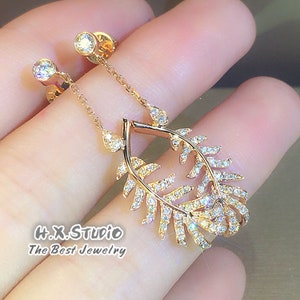 Diamond Feather Dangle Earring, Solid 18k Gold, Genuine Diamond, Elegant Earring, Minimalist Jewelry, Gift for Her, Customization Jewelry