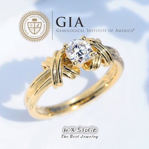GIA Cert Runder Diamant Verlobungsring, 0.3ct-1ct, Solitär Diamant Ring in 18k Gold, Tie the Knots Design Ehering, Liebesgeschenk für Sie