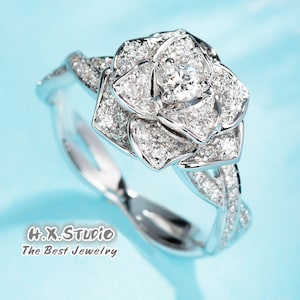 Solid 18K 3D Rose Flower Diamond Ring, Floral Engagement Ring Diamond Bouquet Engagement Ring, Luxury Flower Ring, Flower cocktail ring