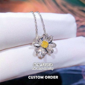 Solid 18k Gold Flower Shape Yellow Diamond Necklace,Fancy Yellow Diamond Pendant Necklace