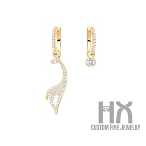 Diamond Giraffe Dangle Earrings in Solid 18k Gold, Drop Earrings, Gift Idea, Gift for Her