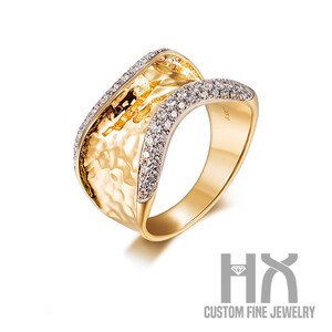 HX Jewelry | Diamond Hammered Wide Ring in Solid 18k Gold/Wedding Curved Band/Custom Fine Jewelry/Personalization Design/Gift for Her