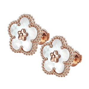 HX Jewelry / Pendientes de flores de nácar en oro rosa de 18k / Joyería fina personalizada / Regalo para mujeres y niñas