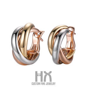 Tri-Tone Gold Trinity Crossover Hoop Ohrringe, Massives 18k Gold, Geschenk für Sie