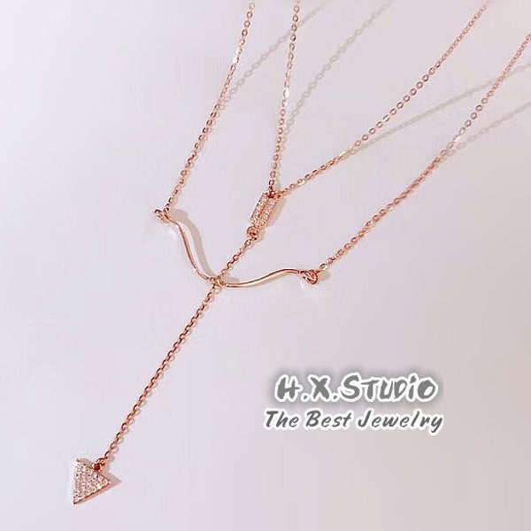 HX Schmuck | Diamant Amor's Arrow Doppellagige Halskette in massivem 18k Gold/Bogen und Pfeil Layering Halskette/Custom Fine Jewelry