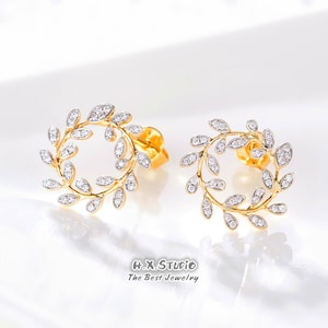 HX Jewelry / Diamond Wreath Stud Aretes, Oro macizo de 18k, Diamante Genuino, Joyería de Hoja De Olivo, Espárrago Elegante, Joyería Navideña, Regalo Para Ella
