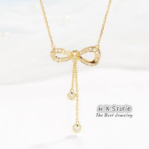 Diamond Bow Knot Dangle Pendant Necklace in Solid 18k Gold/Custom Fine Jewelry/Personalization Design/Gift for Women and Girls
