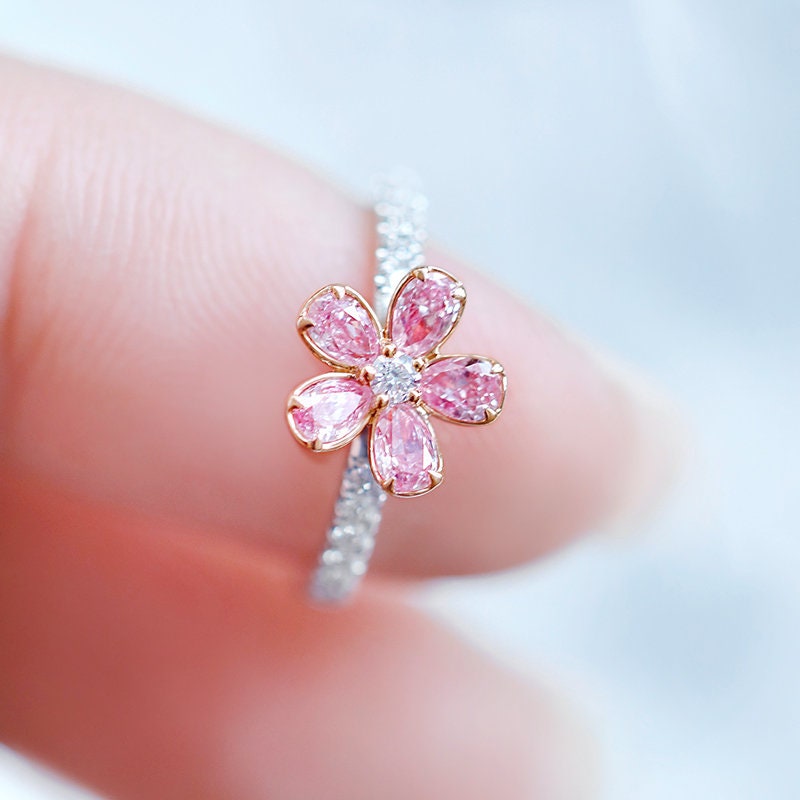 Pink Diamond Flower Ring in Solid 18k Gold/Floral Engagement Etsy