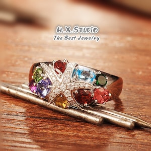 2.50ctw Diamond and Multi-Gems Statement Ring/Starfish Cocktail Ring/Cluster Ring/Custom Jewelry/Wholesale Available