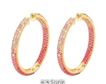 Infinity Circle Diamond Hoop Oorbellen, Solide 18k Gold, Echte Diamond 2ctw, Pink Sapphire edelstenen, Circle Sieraden, Cadeau voor haar, Gift Ideeën