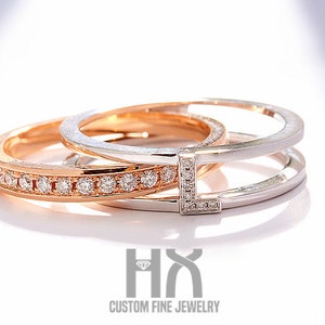 Anillos de pareja iniciales de diamantes en 18k oro / costumbre a juego bandas de boda / anillo personalizado set / dos piezas de anillo de letra / joyería de boda personalizada