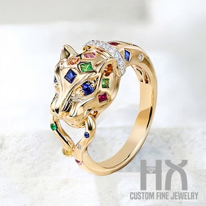 Anillo de leopardo de diamantes y multigüedades en oro sólido de 18 quilates / gemas y anillo de pantera de diamantes / joyería personalizada / diseño de personalización