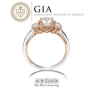 GIA Cert Round Diamond Engagement Ring, 0.3ct-1.0ct, Wedding Band in Solid 18k 2-Tone Gold, Bridal Ring, Anniversary, Love Gift