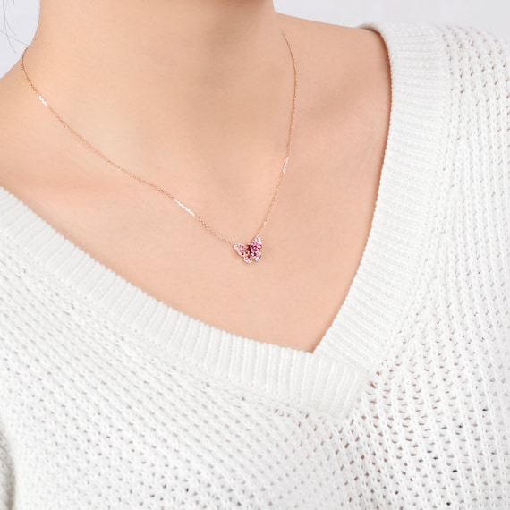 Butterfly 14k Rose Gold Pendant Necklace in Pink Sapphire