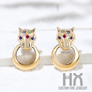 Multi-Gems and Diamond Leopard Stud Earrings in Solid 18k Gold/Gems and Diamond Panther Earrings/Custom Jewelry/Gift for Women Girls Kid