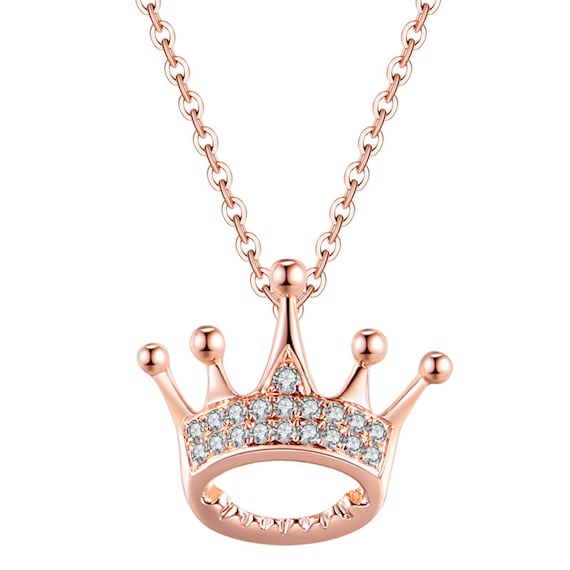 Dainty 14k Rose Gold Blue Sapphire and Diamond Tiara Charm Crown Pendant Necklace Dainty 14k Rose Gold Blue Sapphire and Diamond Tiara Charm Crown Pendant Necklace