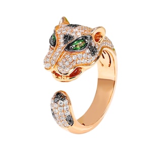Two-Tone Diamond Panther Wrap Open Ring in Solid 18K Gold/Diamond Black Panther Ring/Custom Jewelry/Personalization Design