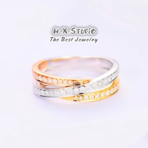 HX Jewelry | Diamond Crisscross Wedding Ring in 18k Tri-Tone Gold/Multi-layer Ring/Valentine&#39;s Gift/Custom Jewelry/Gift for Women and Girls