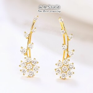 Pendientes de la flor del diamante, oro sólido de 18k, diamante genuino, pendiente floral, gancho de oído, regalo para las mujeres y las niñas, Navidad, joyería de personalización