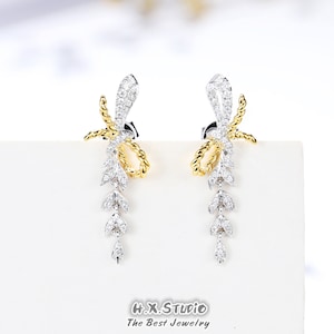 Dainty Diamond Bow Tie Dangle Earrings, Genuine Diamond, Solid 18k Gold, Two-Tone Jewelry, Gift Idea, Gift for Her, Customization Jewelry