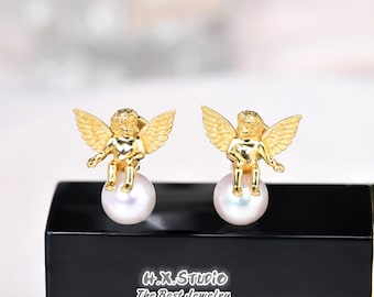 Örhängen med vinkelpärla, massivt 18k guld, naturlig pärla, kerubsmycken, Cupid Love-örhänge, högtidssmycken, present till henne