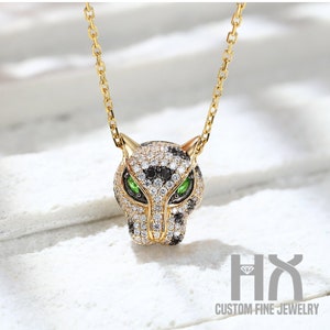 Black and White Diamond Leopard Head Pendant Necklace in Solid 18k Gold/Black Diamond Panther Pendant/Gift for Women and Girls