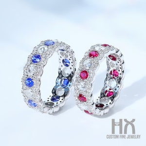 Diamond Sapphire Ruby Full Eternity Ring in 18K Gold/Art Deco Diamond Ring/Unique Promise Ring